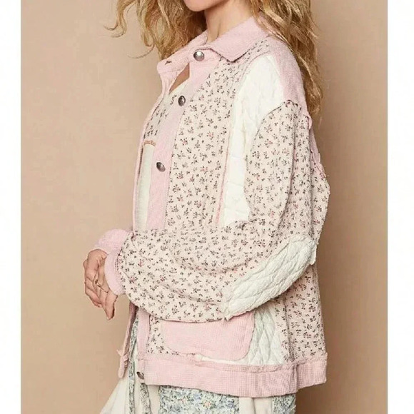 Pink Multi Casual Women's Floral Exposed Seam Button Up Quilted Jacket - Picture 5 of 5